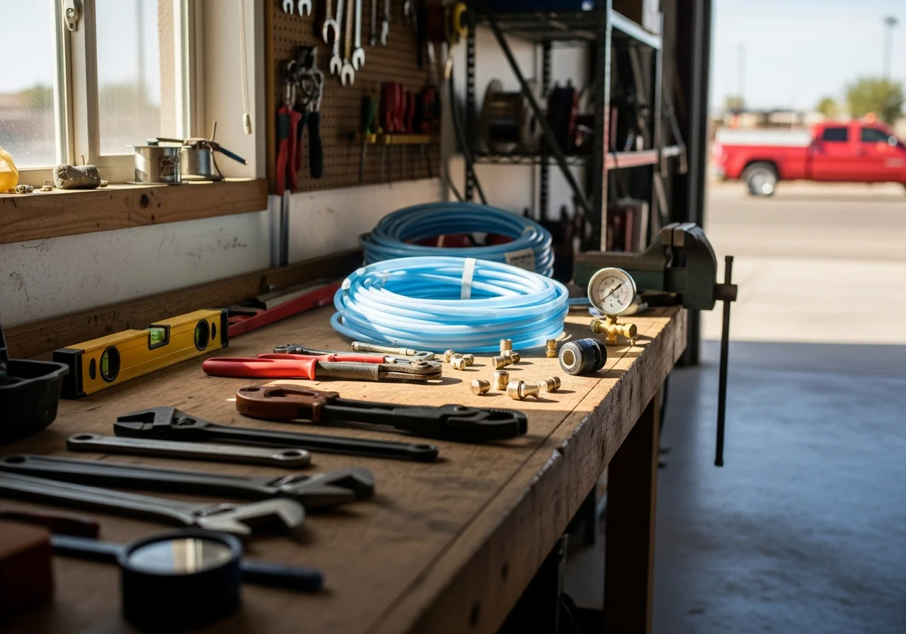 Plumbing tools and equipment arranged on a workbench, representing the trade expertise and service readiness of a professional plumbing contractor.