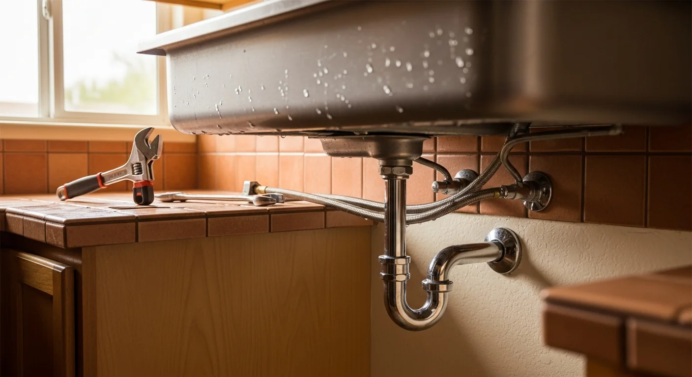Plumber installing kitchen sink fixture