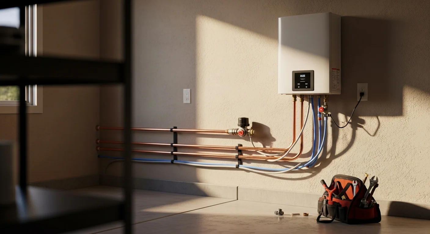 Technician installing tankless water heater
