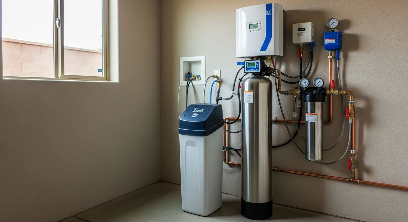 Water softener system installed in home