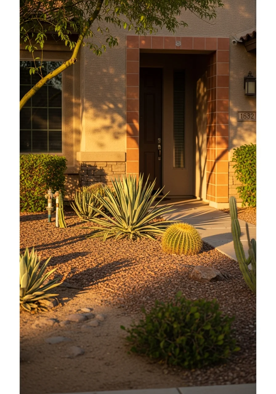Gilbert home's front entrance with tile details and low-water landscape design.