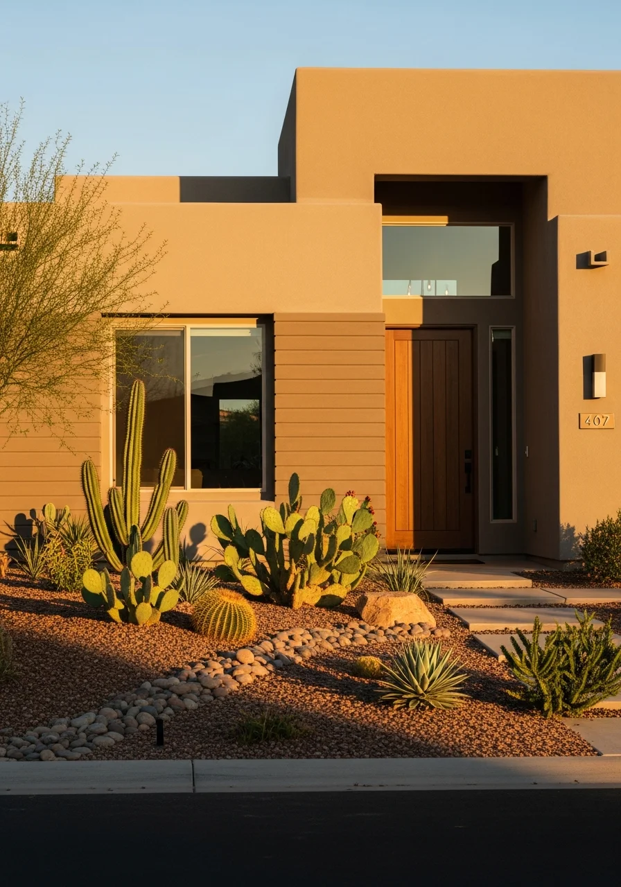 Mesa home with contemporary design and desert-adapted front yard landscaping.