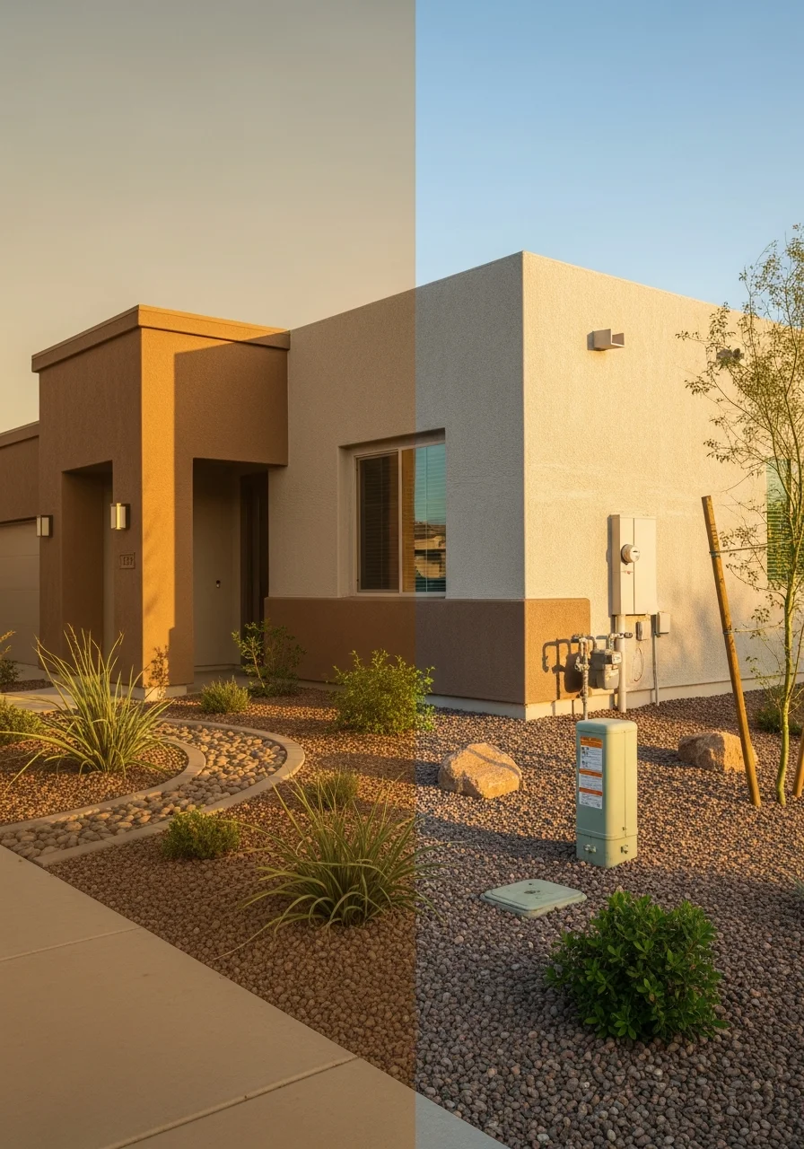 Peoria home with contemporary design and xeriscaped front yard in suburban setting.