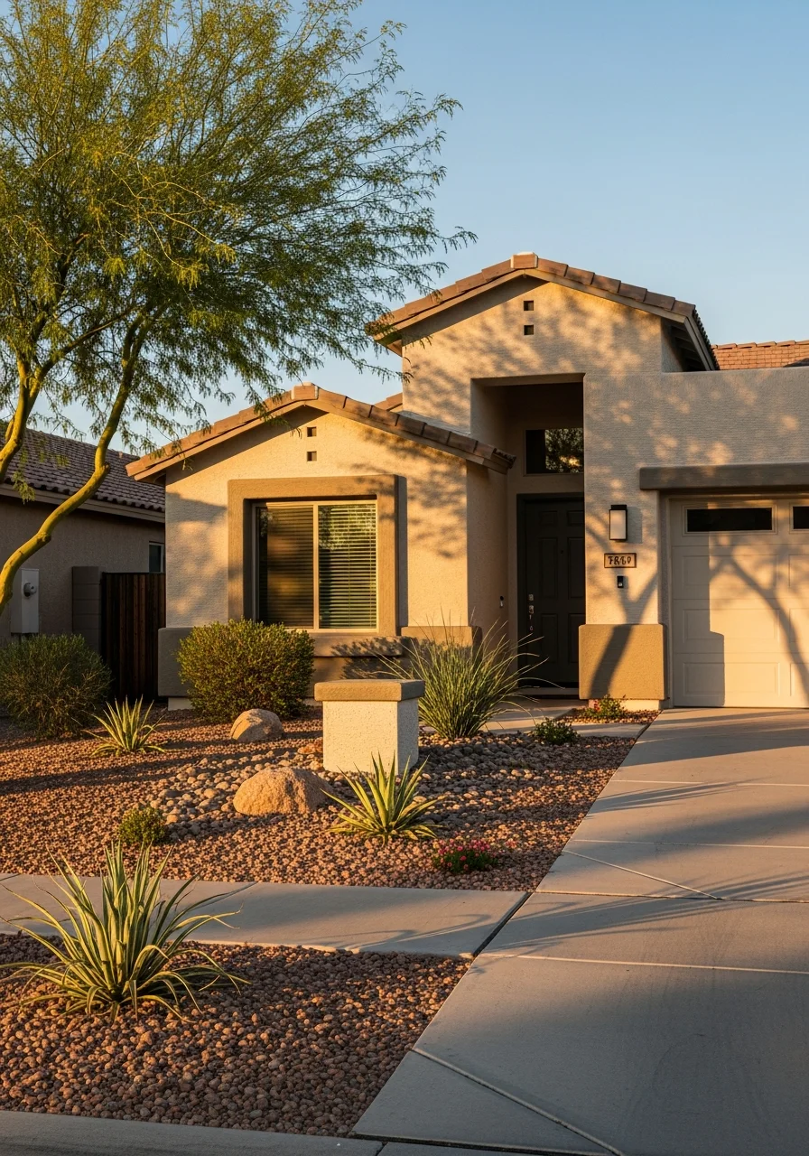 Residential Phoenix home with contemporary design and xeriscaping in the front yard.