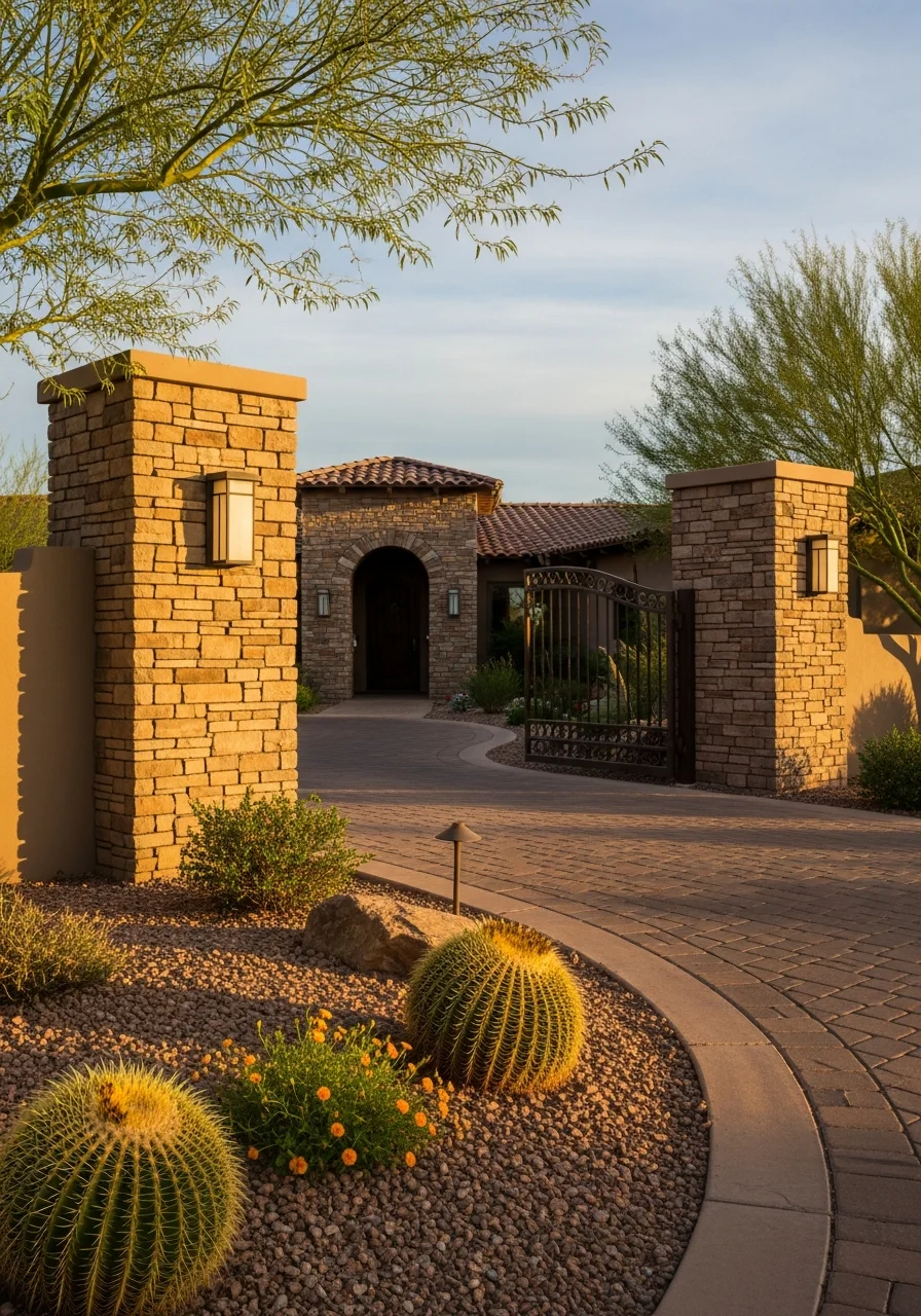 Scottsdale property entrance with decorative stonework and native desert plantings.