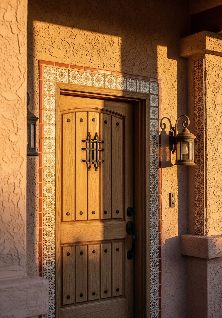 Close-up of a Sun City home's entrance with tile work and traditional Arizona architectural details.