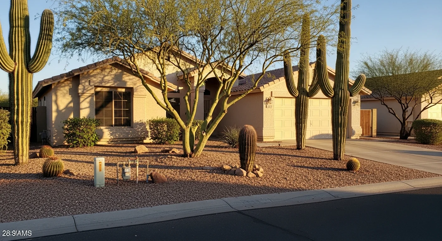 Single-story home in Sun City with mature landscaping and desert-adapted plants in front yard.
