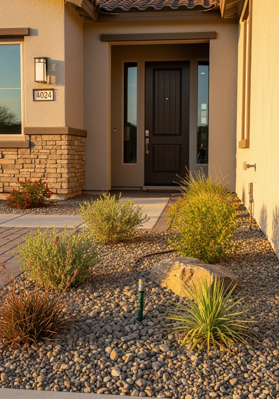 Surprise home's entrance with modern details and low-water front yard design.