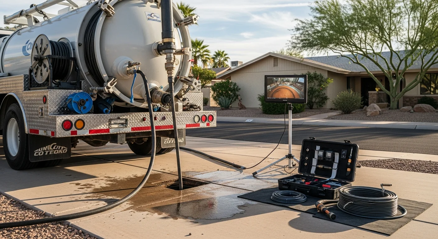 A plumber using hydro jetting equipment to clear a blocked drain line at a Sun City residential property. The image shows the high-pressure hose inserted into a clean-out access point outside a single-story desert home.