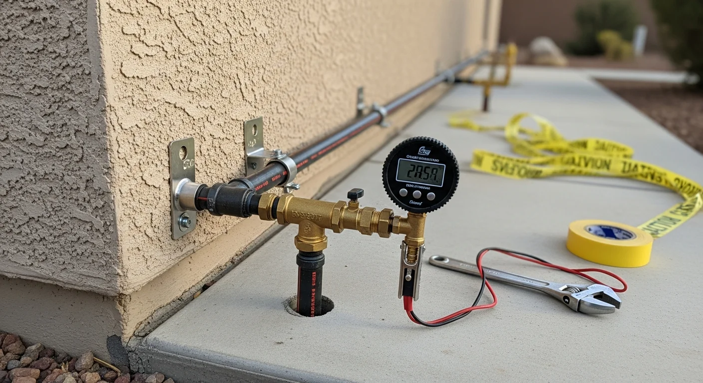 A licensed gas fitter connecting a new gas line extension beneath a kitchen cabinet in a single-level Sun City, AZ ranch-style home. Copper pipe runs along the wall to a newly installed appliance hookup point.