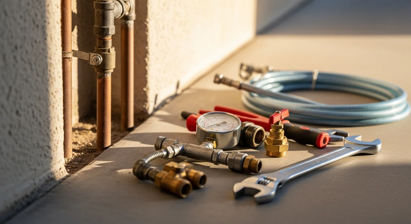 A licensed gas fitter from Arise Plumbing connecting a new gas line beneath a residential kitchen in Sun City, Arizona. The image shows exposed copper pipe fittings and a pressure gauge during a post-installation test.