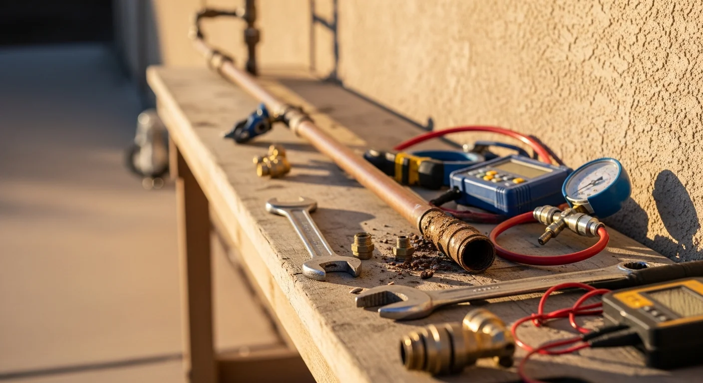 A licensed gas fitter from Arise Plumbing inspecting an exposed residential gas line connection at a Sun City home. The technician uses a detection tool to check fittings on an older pipe section near a water heater.