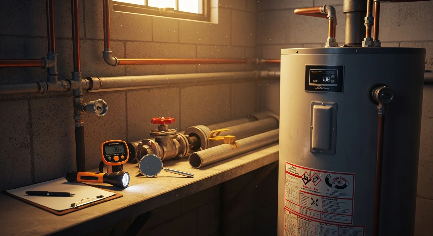 A licensed plumber from Arise Plumbing inspecting visible pipes and shut-off valves beneath a bathroom sink in a Sun City home. The plumber holds a flashlight and notes findings on a clipboard during a general plumbing inspection.