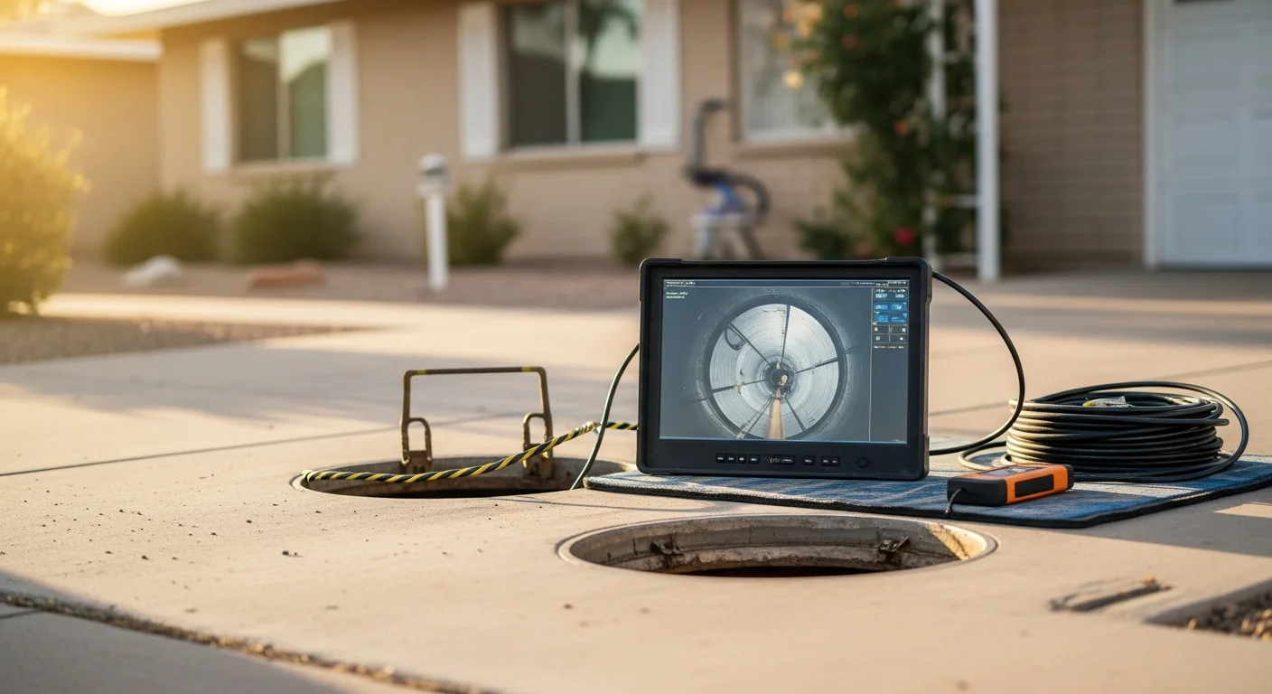 A plumber feeds a sewer inspection camera cable into a cleanout access point at a Sun City residential property. The connected monitor displays a live view of the interior of an aging sewer pipe showing early signs of root intrusion along the pipe wall.