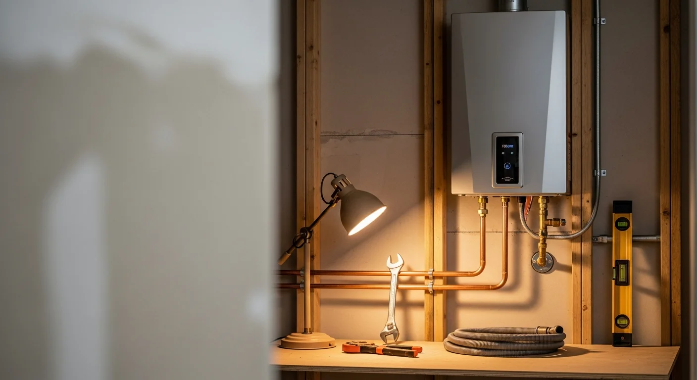 A licensed plumber from Arise Plumbing mounting a wall-hung tankless water heater in a Sun City home utility closet. The old tank unit has been removed and new gas and water line connections are visible.