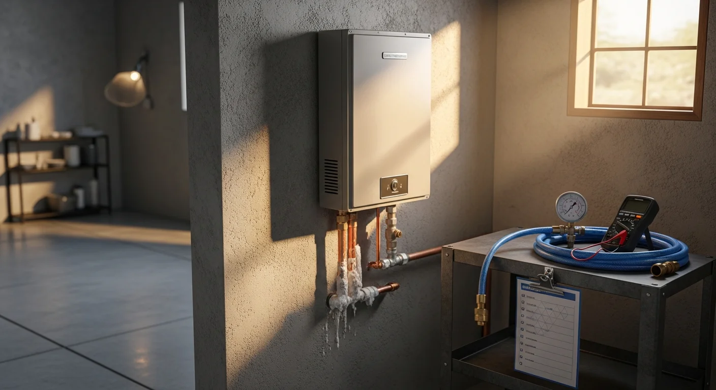 A tankless water heater mounted on an interior utility wall in a Sun City home, with a plumber from Arise Plumbing performing a descaling service and inspecting the unit's connections.