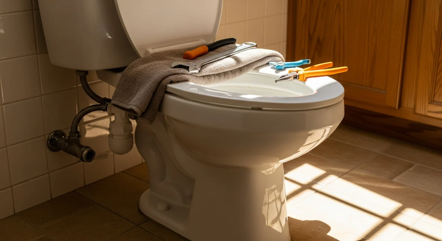 A licensed plumber from Arise Plumbing inspecting a toilet installation in a Sun City, Arizona home. The toilet is set on a tiled bathroom floor with a visible supply line and shutoff valve against the wall.