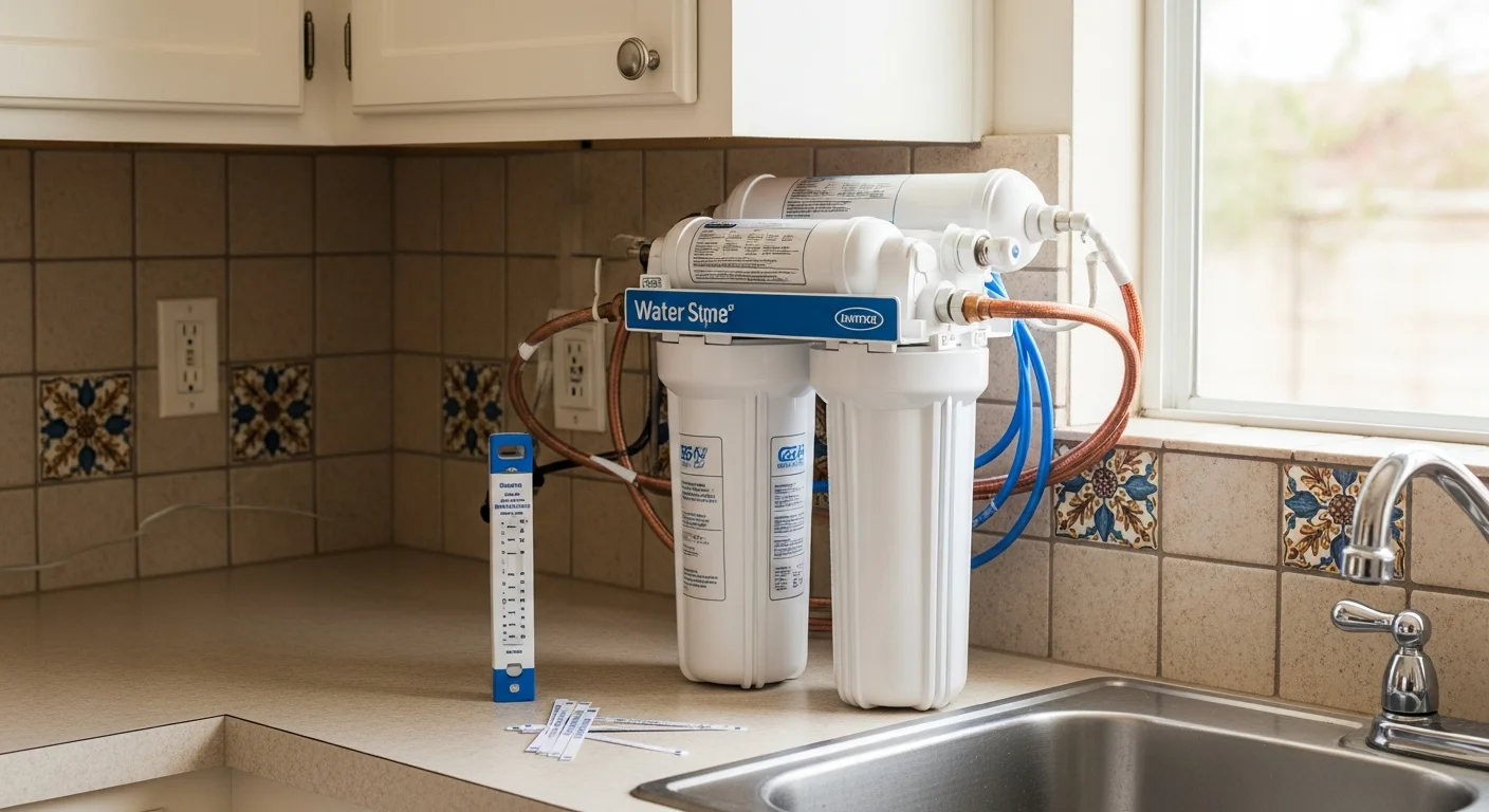 A licensed plumber from Arise Plumbing installing a whole-home water filtration system in the utility area of a Sun City, Arizona residential home. Copper supply lines connect to a new filtration unit mounted on the wall near the water entry point.