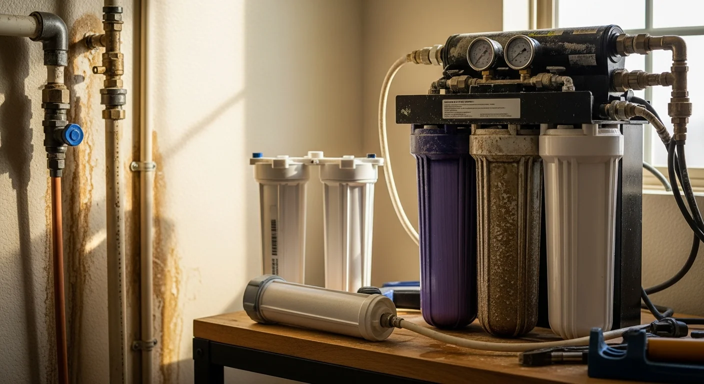 An Arise Plumbing technician inspecting and replacing filter cartridges inside a whole-house water filtration system in a Sun City, Arizona home. Mineral scale deposits are visible on the removed filter housing, showing the impact of the area's hard water.