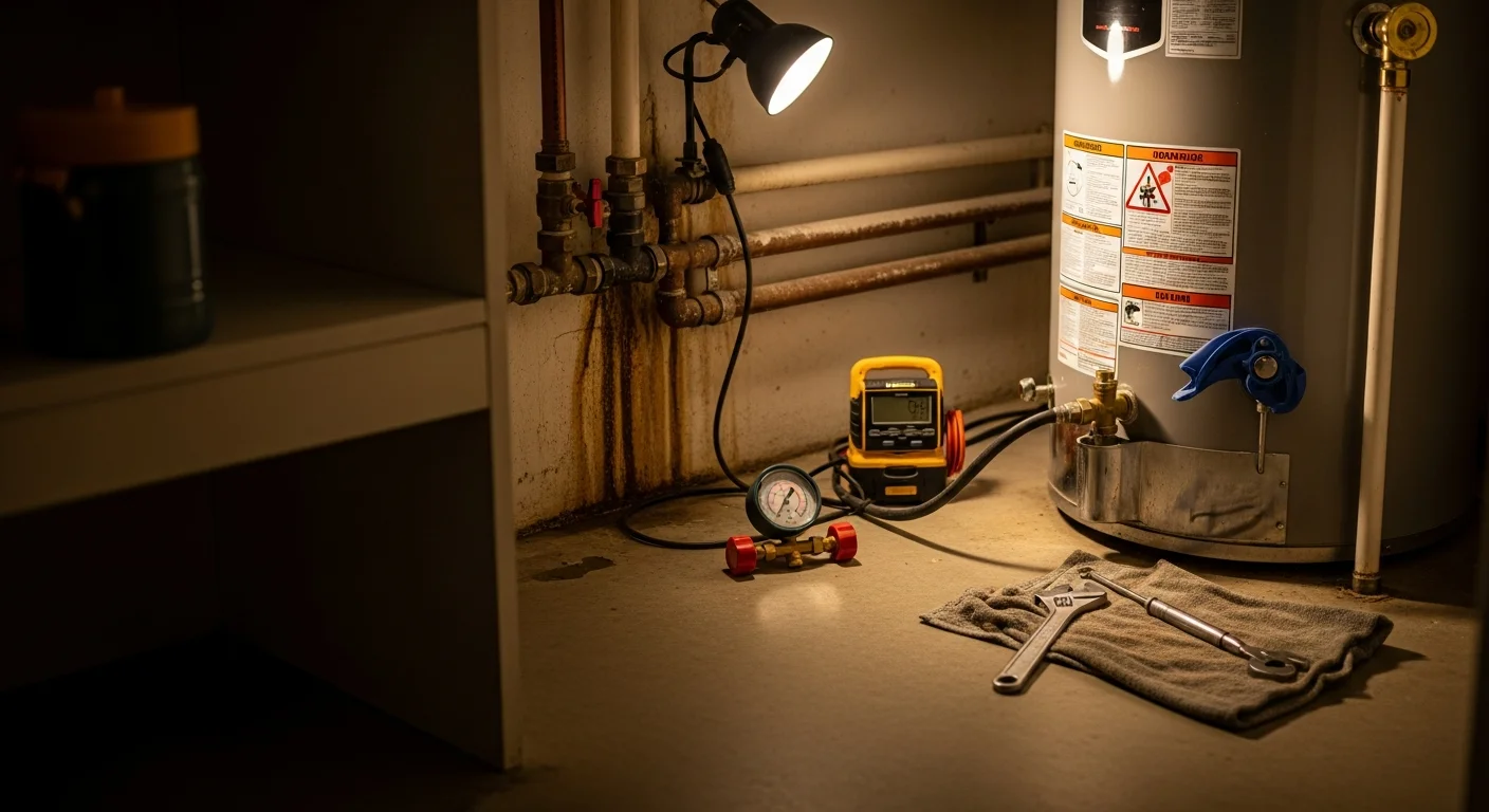 An Arise Plumbing technician performing water heater maintenance on a tank unit inside a Sun City home garage. The technician is flushing sediment from the tank and inspecting the anode rod connection.