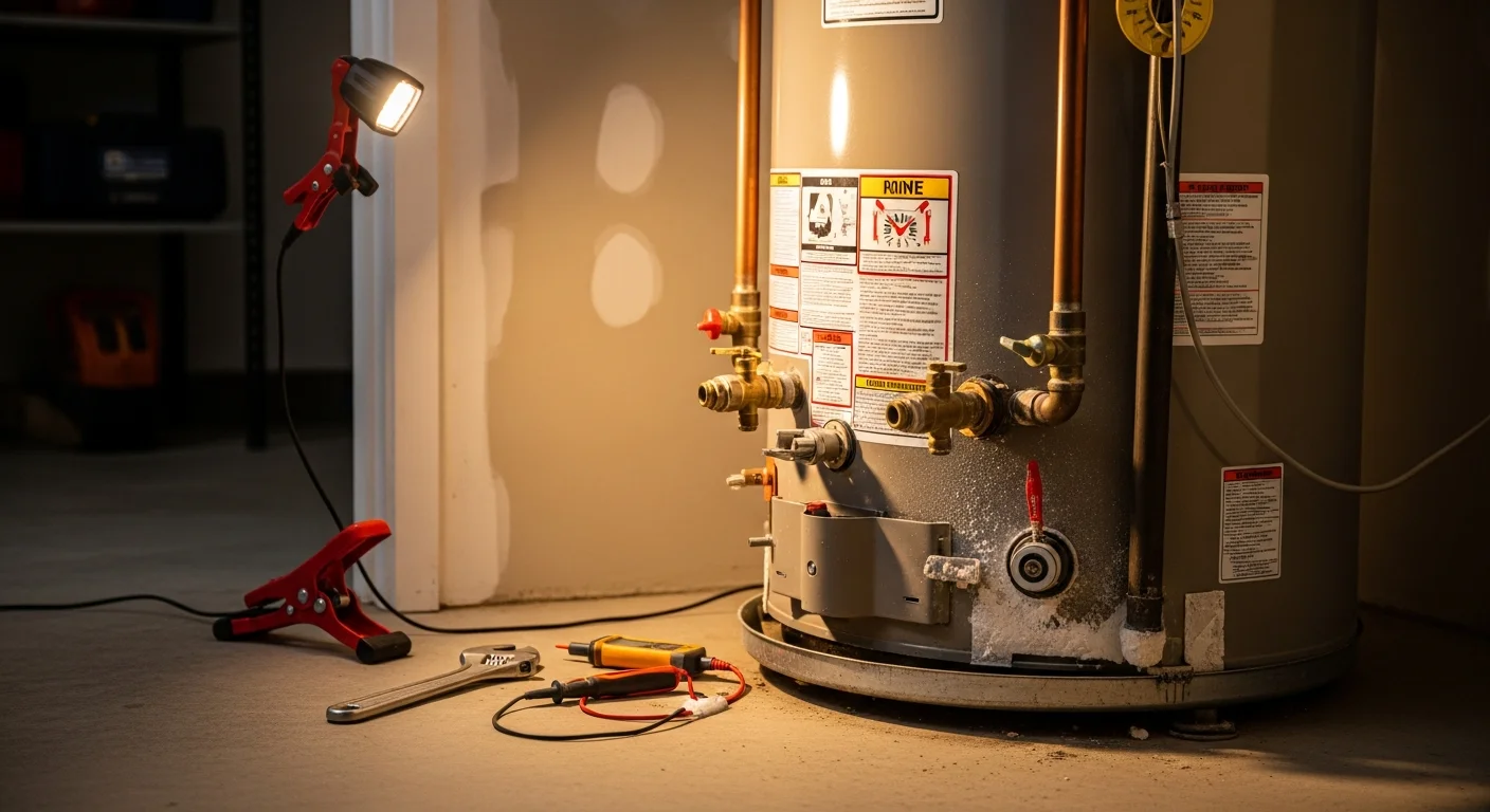 A plumber from Arise Plumbing inspecting a tank-style water heater in a Sun City home garage utility space. The technician checks the pressure relief valve and base of the unit for signs of sediment buildup and leaks.