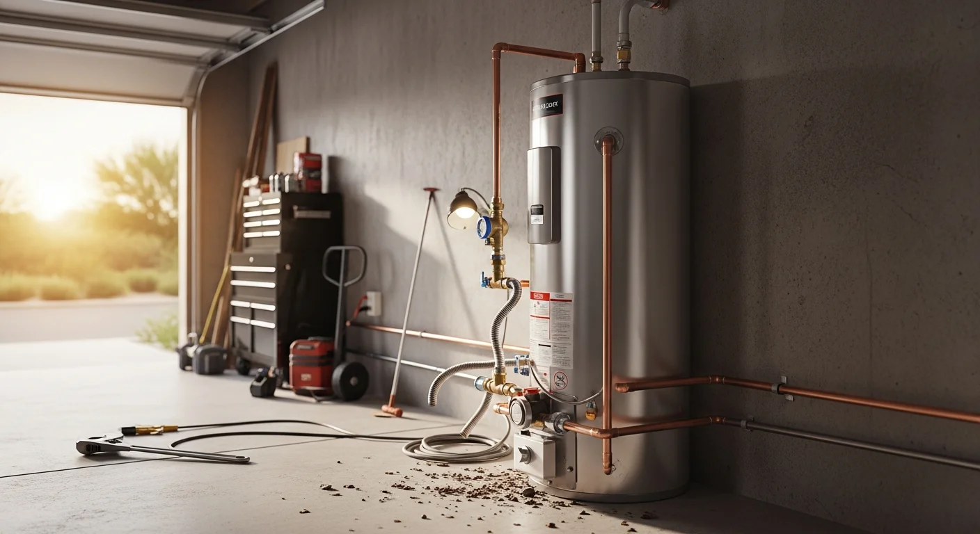 A newly installed tank water heater in a Sun City garage, with fresh copper connections and a properly secured unit ready for use. A plumber from Arise Plumbing completes the final inspection of the replacement installation.