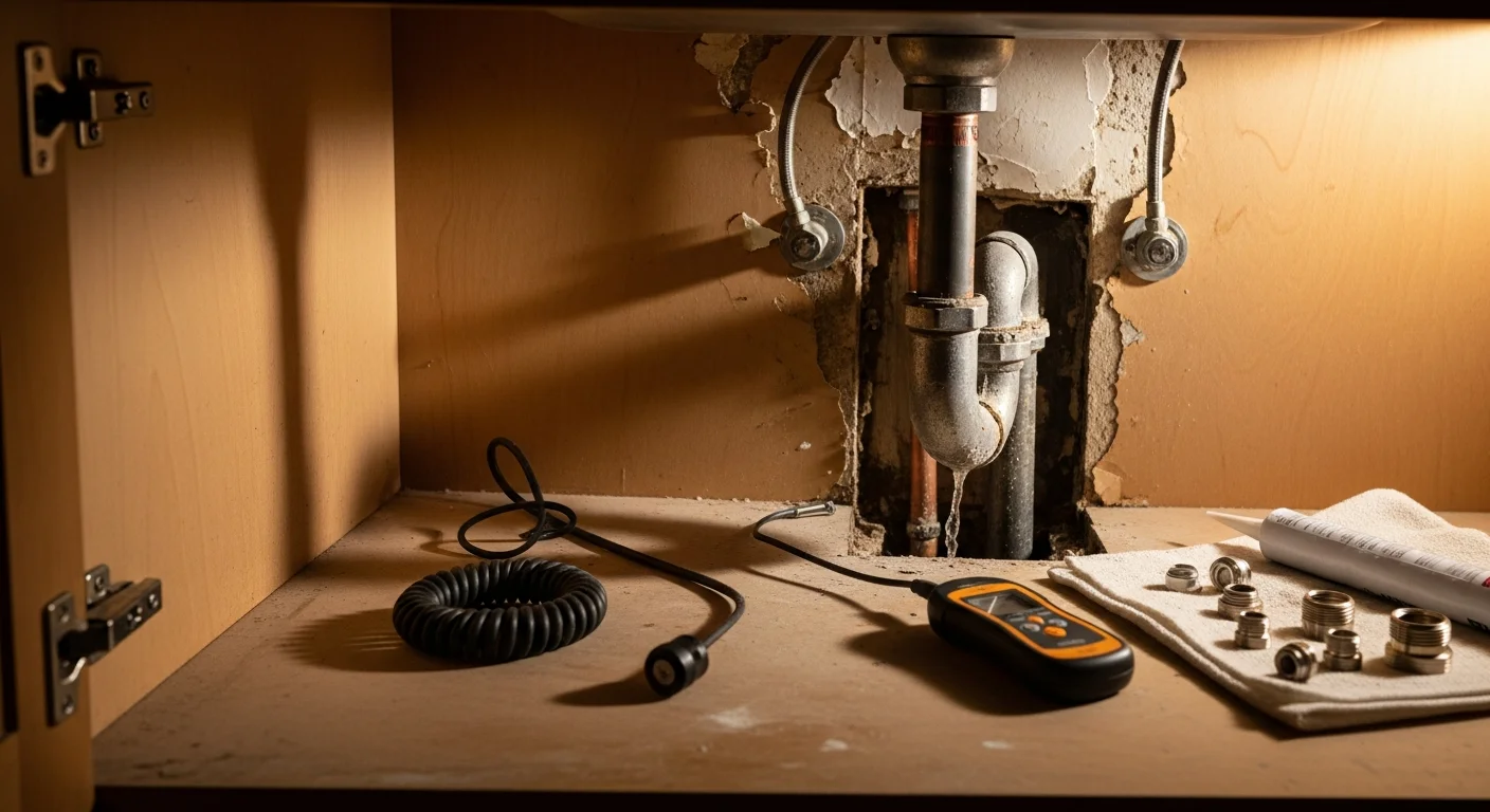 An Arise Plumbing technician using a moisture meter to locate a water leak behind a wall in a Sun City, Arizona home. The image shows the detection process in a residential interior with visible drywall and plumbing access.