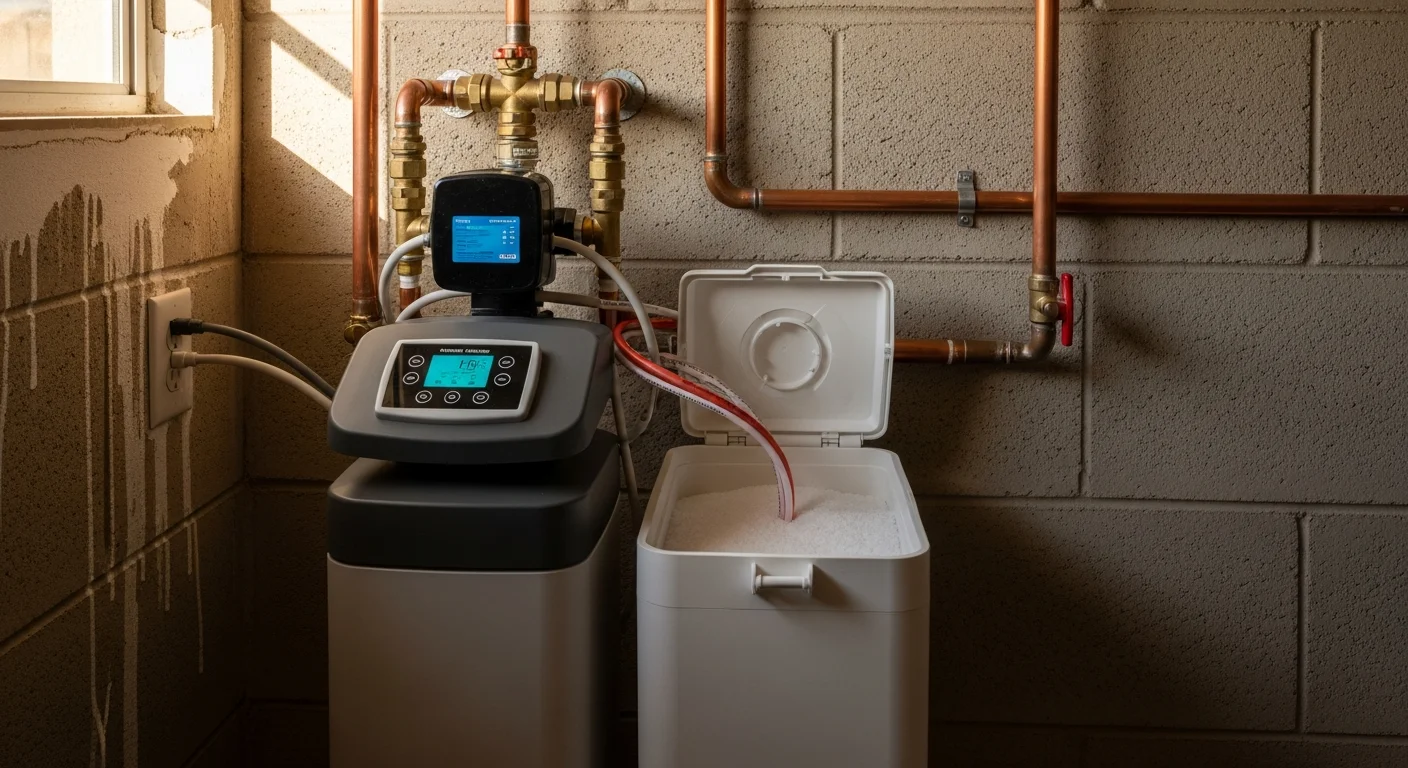 A water softener unit installed on the main supply line inside a Sun City home's utility room. White mineral scale is visible on a nearby pipe fitting, showing the hard-water conditions the system is designed to treat.