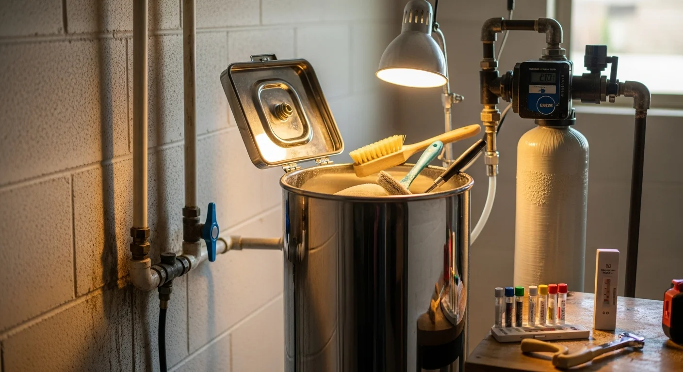 An Arise Plumbing technician inspecting the brine tank and control valve of a residential water softener inside a Sun City home. The system sits in a utility area with clean plumbing connections and a salt tank beside it.